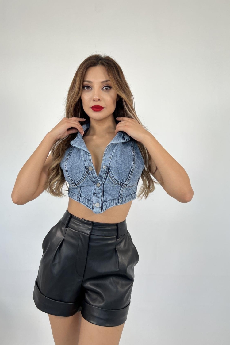 Denim Vest - Blue - Fame - Globality Store - Women Clothes Wholesale Turkey