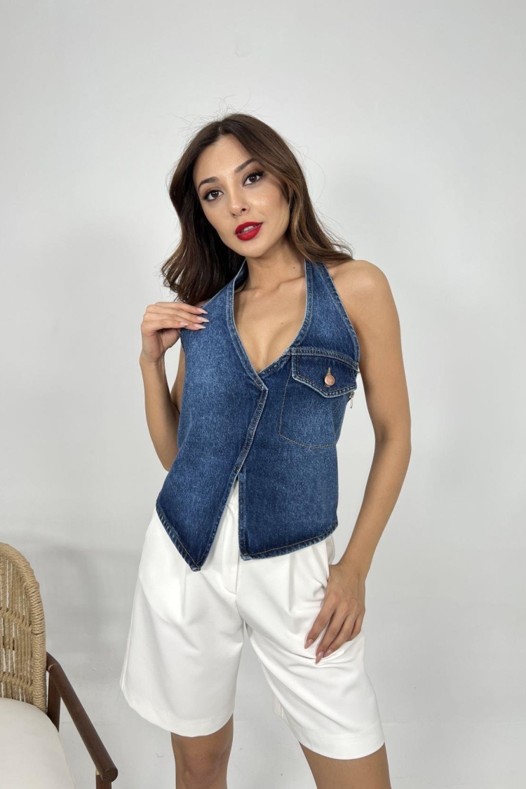 Denim Vest - Blue - Fame - Globality Store - Women Clothes Wholesale Turkey