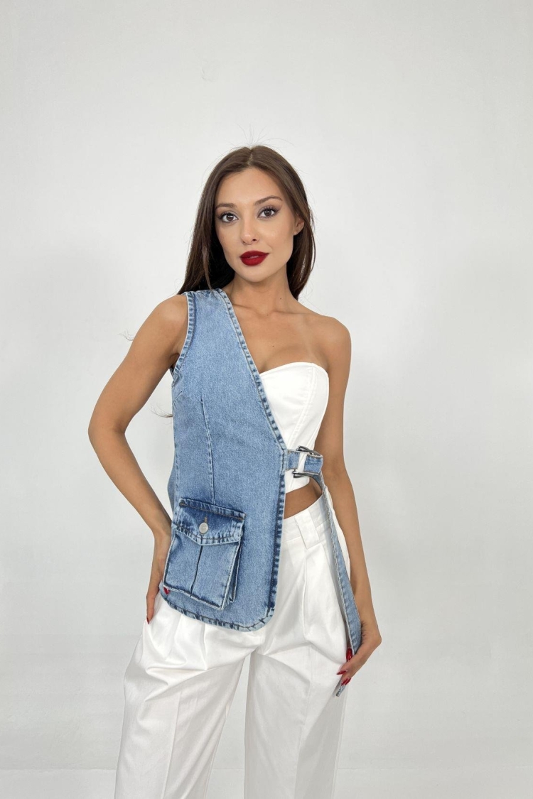 Asymmetric Denim Vest - Blue - Fame - Globality Store - Women Clothes Wholesale Turkey