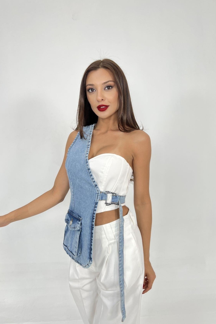 Asymmetric Denim Vest - Blue