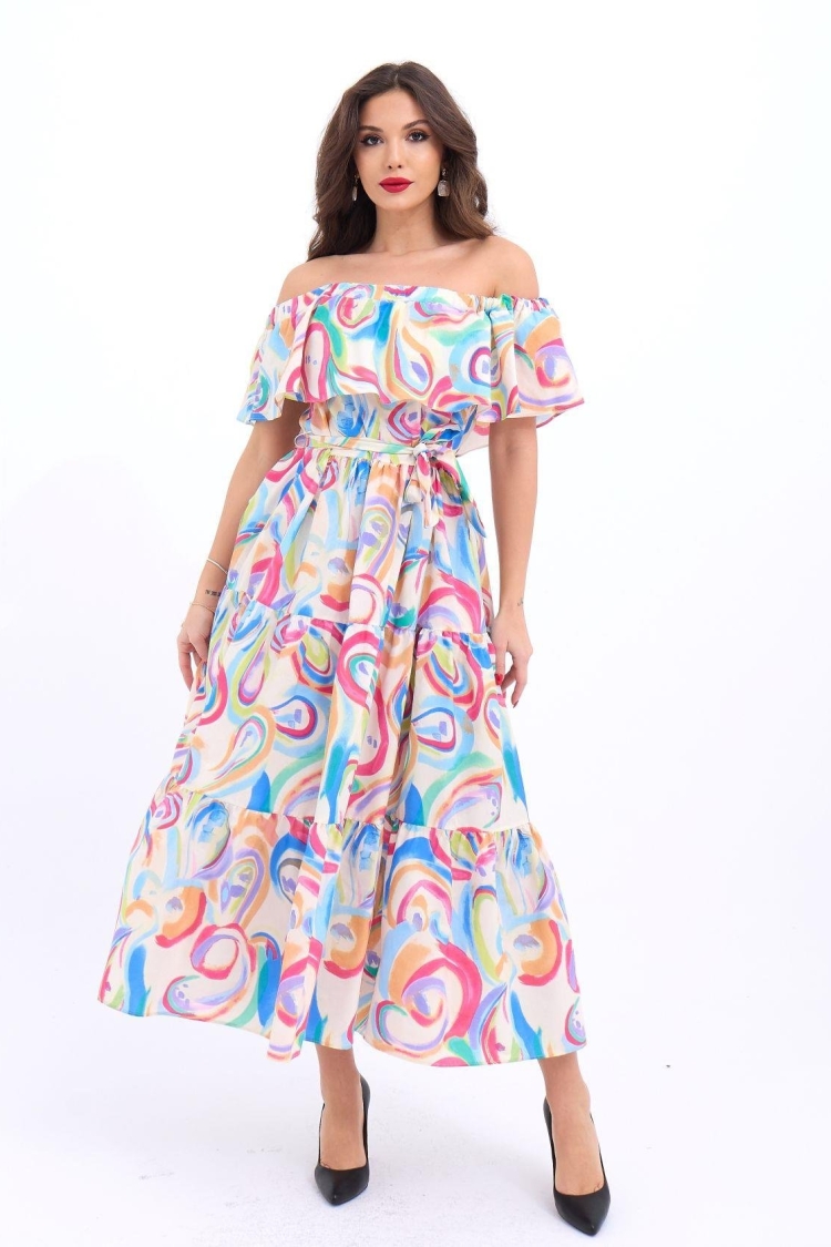 Colorful Patterned Dress - Blue & Red - Brand: Fame - Women's Clothing Wholesale - Globality Store