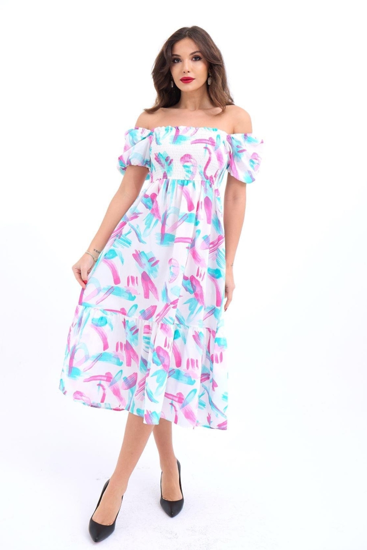 Patterned Dress -& Pink & Green - Fame - Globality Store - Women Clothes Wholesale Turkey