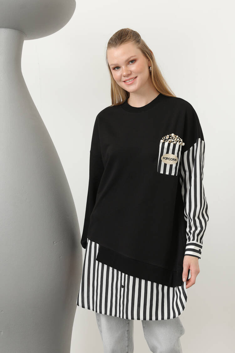 Women's Front Pop Corn Printed And Beaded Embroidered Line Garnish Tunic