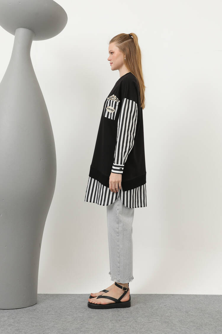 Women's Front Pop Corn Printed And Beaded Embroidered Line Garnish Tunic