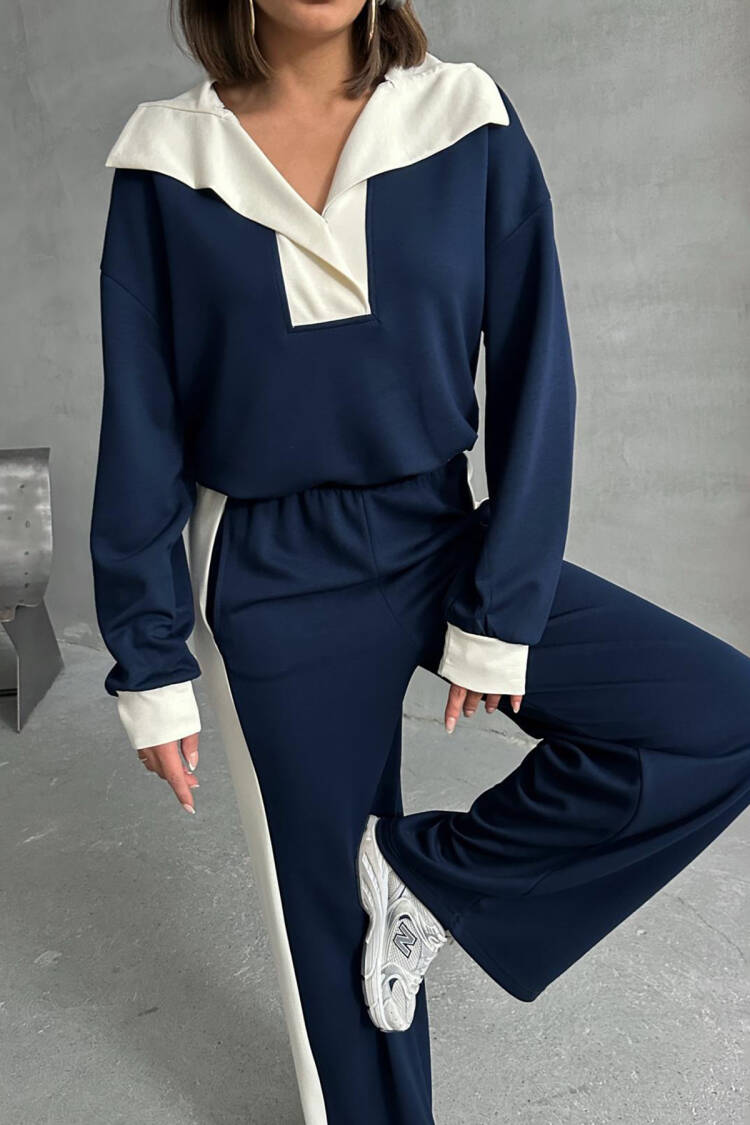 Modal Fabric Lycra Wide Leg Tracksuit Set - Navy