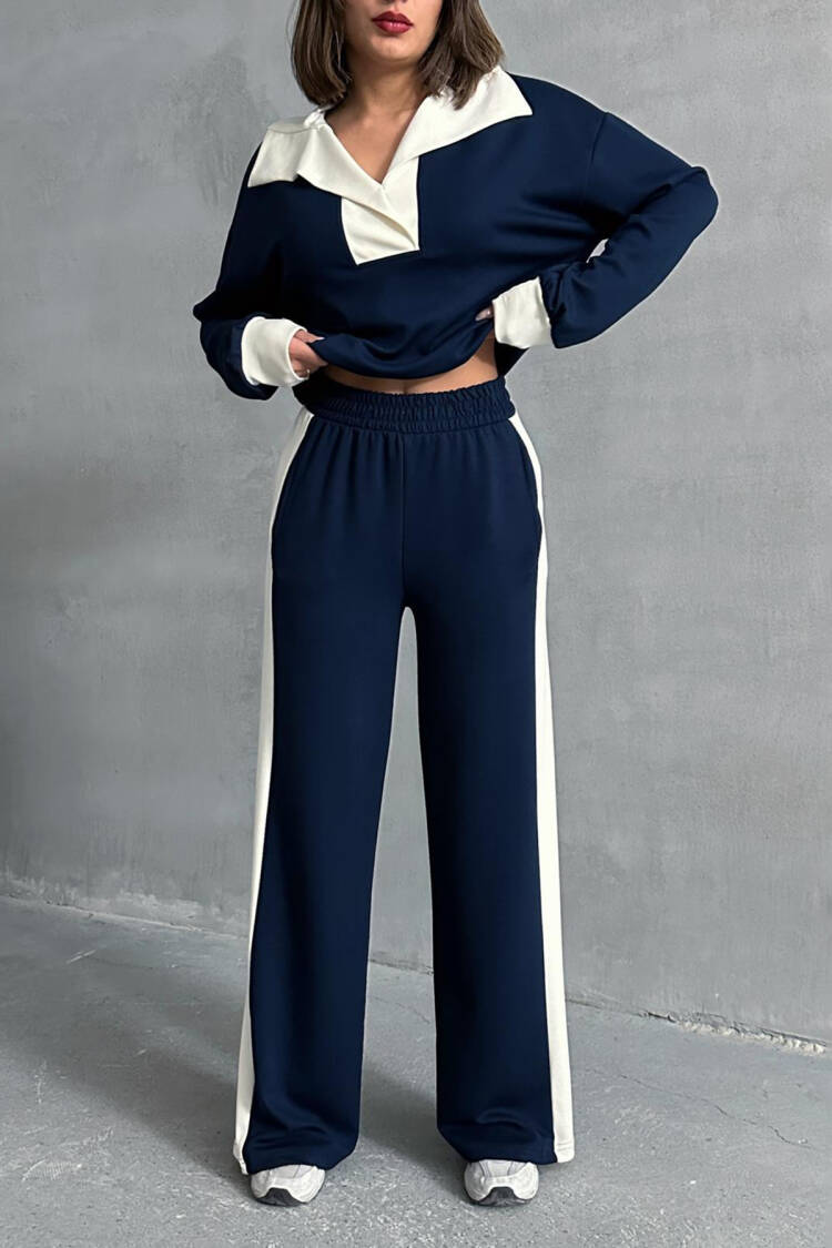 Modal Fabric Lycra Wide Leg Tracksuit Set - Navy - Mode Roy - Globality Store - Women Clothes Wholesale Turkey