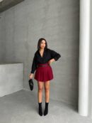 Pleated Belted Shorts Skirt - Burgundy - Mode Roy - Globality Store - Women Clothes Wholesale Turkey