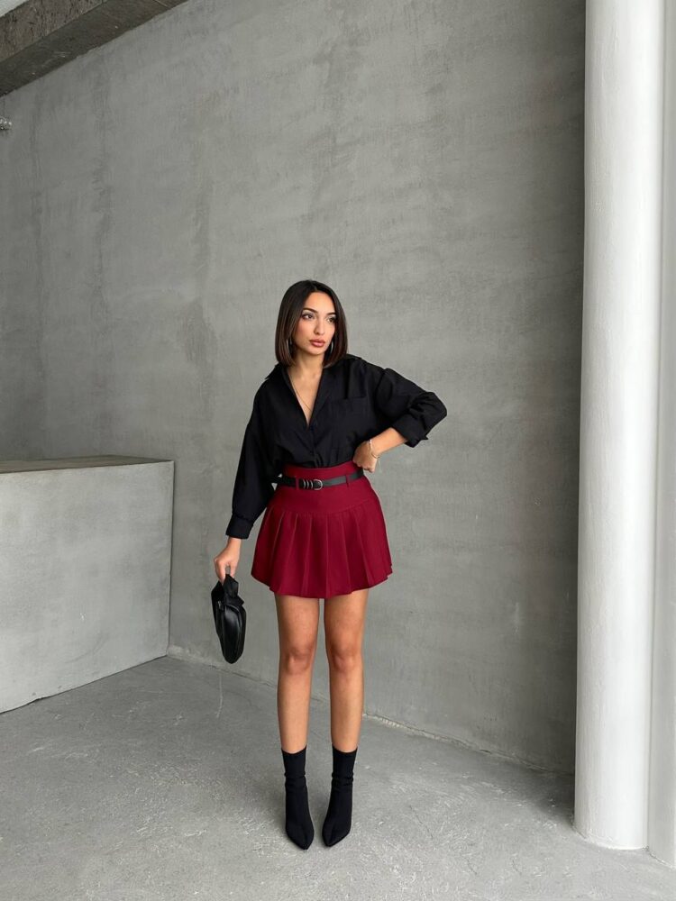 Pleated Belted Shorts Skirt - Burgundy - Mode Roy - Globality Store - Women Clothes Wholesale Turkey