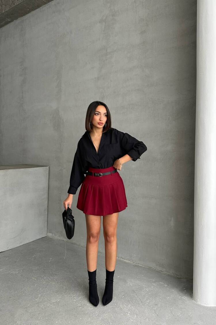 Pleated Belted Shorts Skirt - Burgundy - Mode Roy - Globality Store - Women Clothes Wholesale Turkey