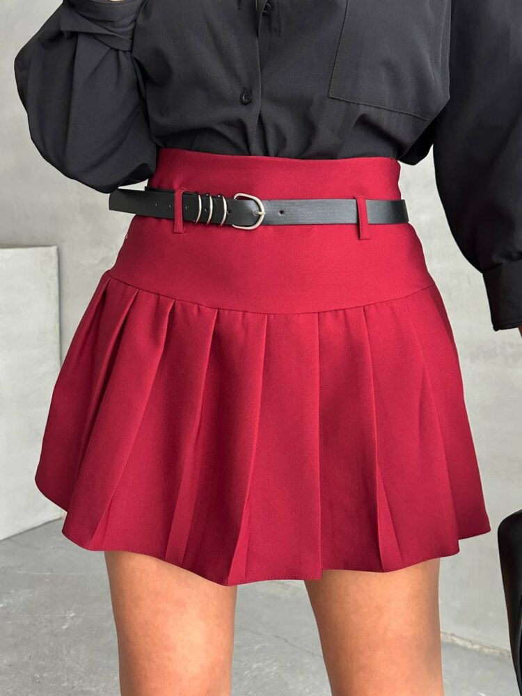 Pleated Belted Shorts Skirt - Burgundy