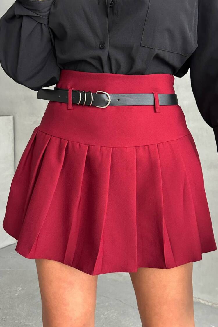 Pleated Belted Shorts Skirt - Burgundy