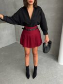 Pleated Belted Shorts Skirt - Burgundy - Mode Roy - Globality Store - Women Clothes Wholesale Turkey