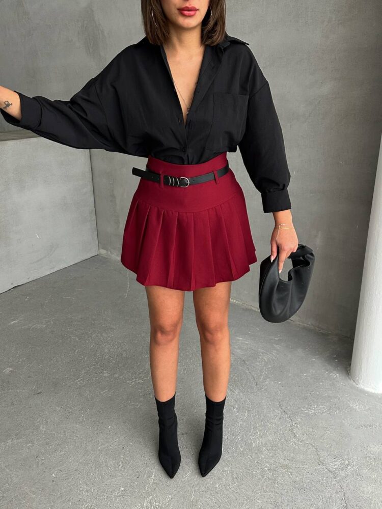 Pleated Belted Shorts Skirt - Burgundy
