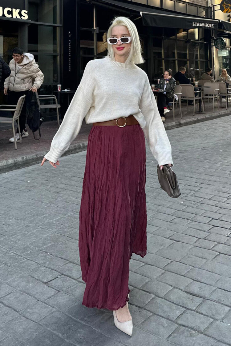 Crash High Waist Ruched Satin Skirt - Burgundy