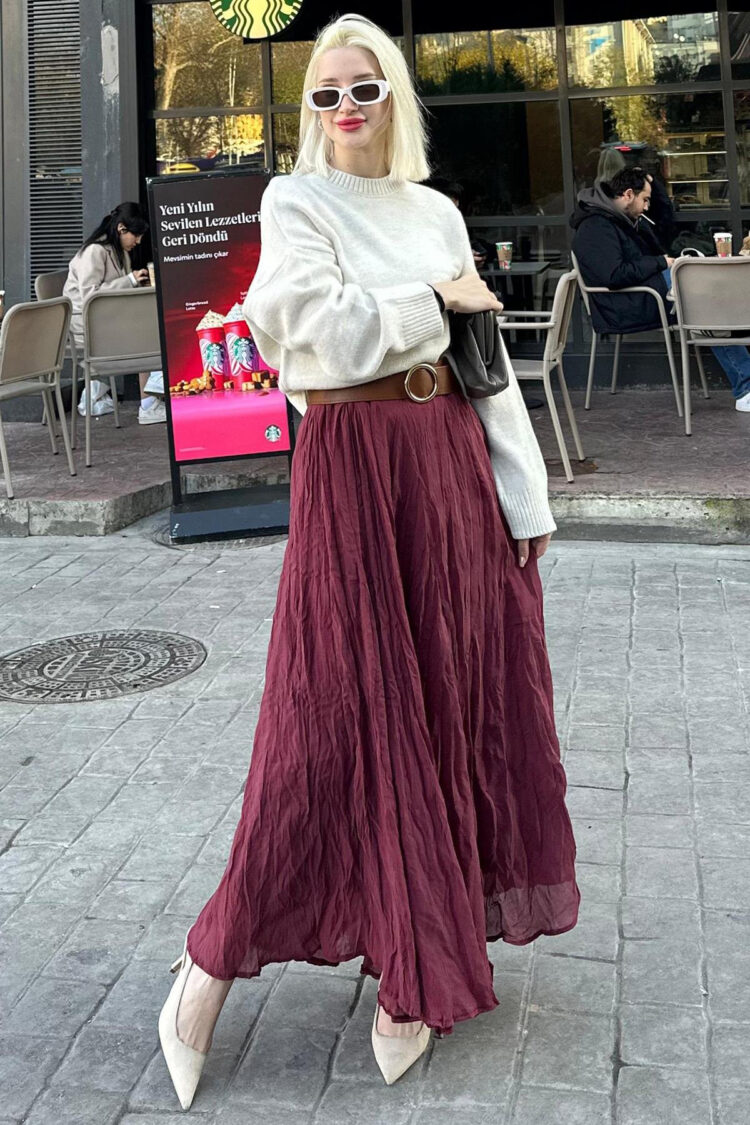 Crash High Waist Ruched Satin Skirt - Burgundy - Mode Roy - Globality Store - Women Clothes Wholesale Turkey