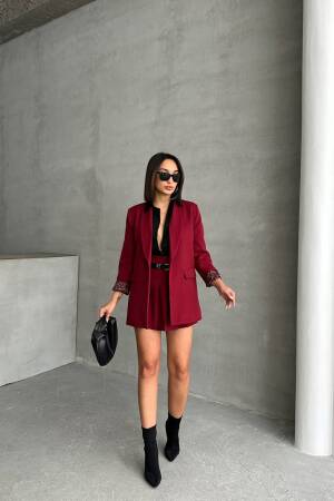 Leopard Print Blazer Jacket With Lining - Burgundy - Mode Roy - Globality Store - Women Clothes Wholesale Turkey