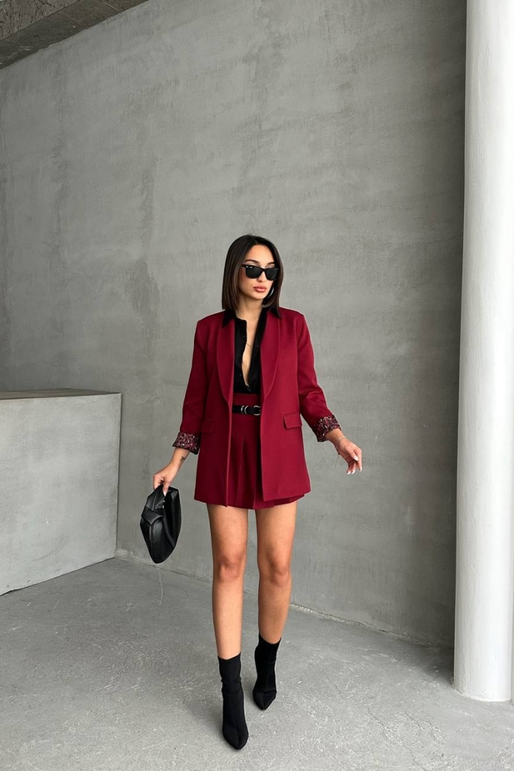 Leopard Print Blazer Jacket With Lining - Burgundy