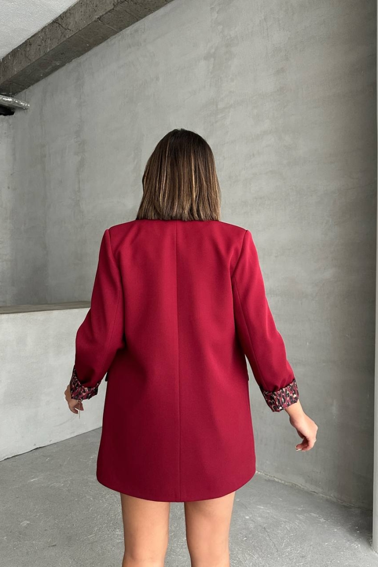 Leopard Print Blazer Jacket With Lining - Burgundy - Mode Roy - Globality Store - Women Clothes Wholesale Turkey