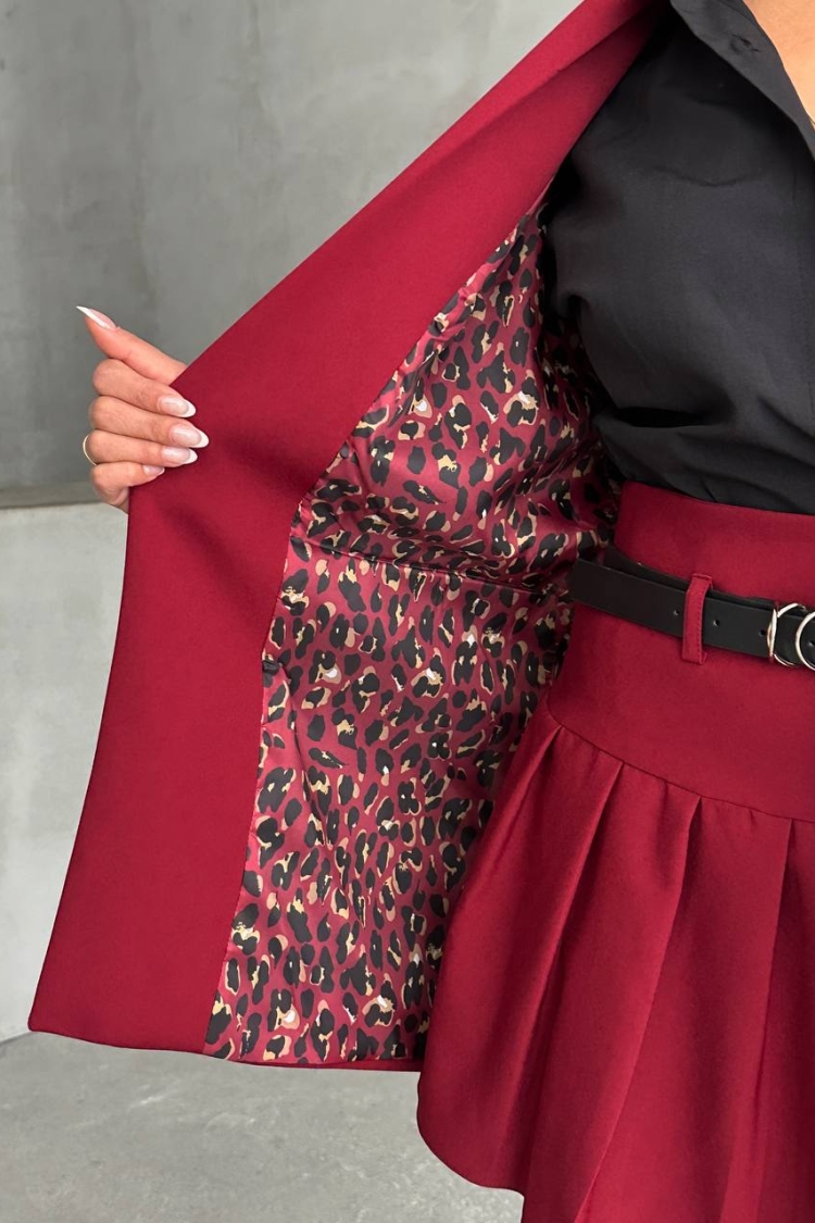 Leopard Print Blazer Jacket With Lining - Burgundy
