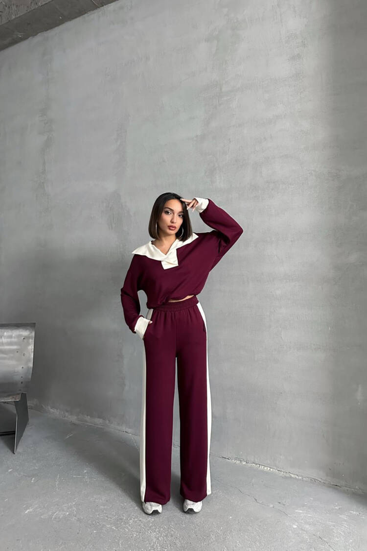 Modal Fabric Lycra Wide Leg Tracksuit Set - Burgundy
