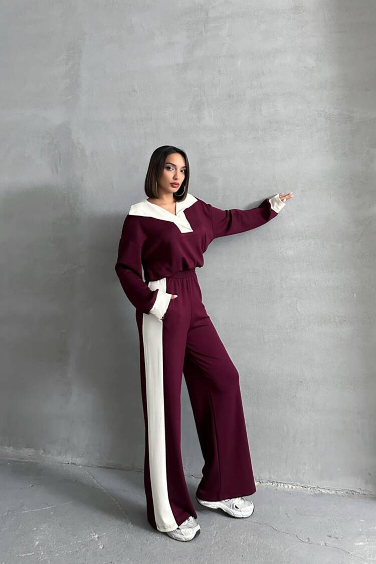 Modal Fabric Lycra Wide Leg Tracksuit Set - Burgundy - Mode Roy - Globality Store - Women Clothes Wholesale Turkey