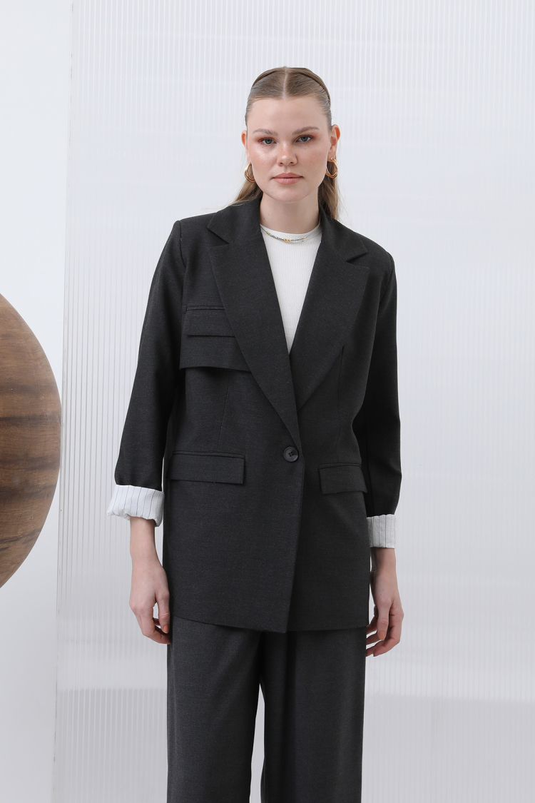 Women's Stripe Garnished Blazer Jacket With Pockets