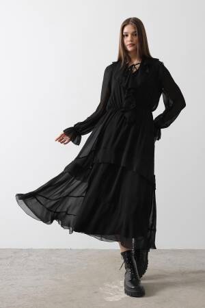 Ruffle Detailed Chiffon Dress - - Black - Reyon - Globality Store - Women Clothes Wholesale Turkey
