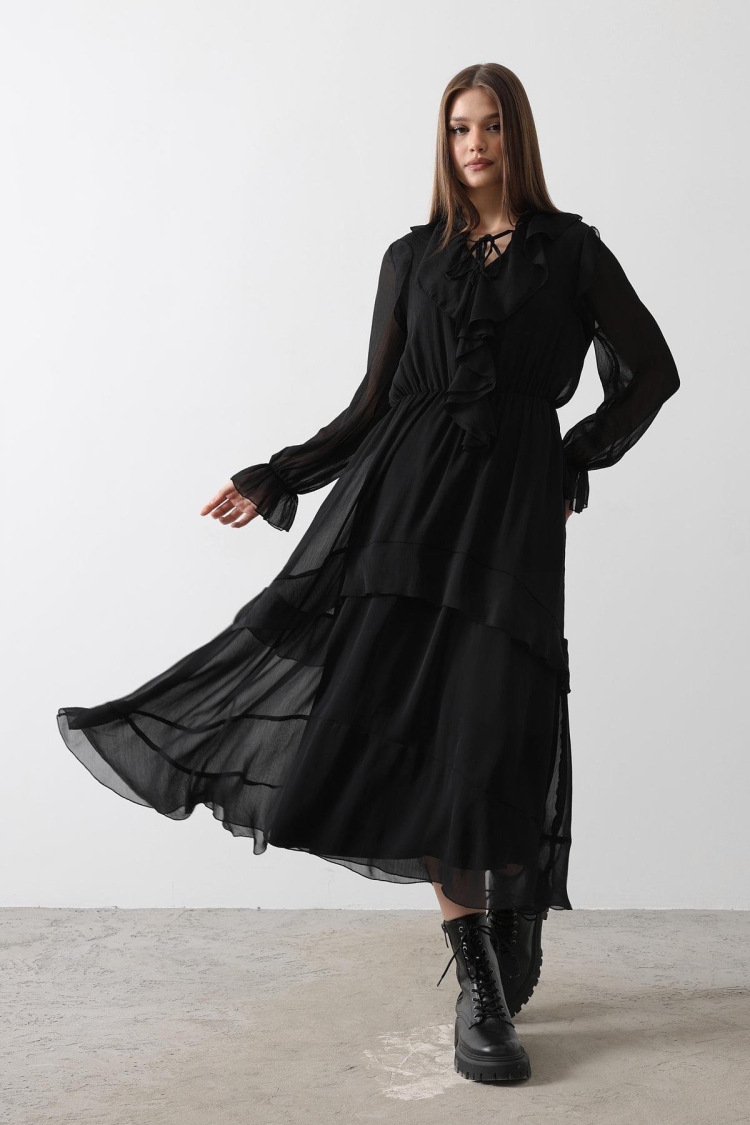 Ruffle Detailed Chiffon Dress - - Black - Reyon - Globality Store - Women Clothes Wholesale Turkey
