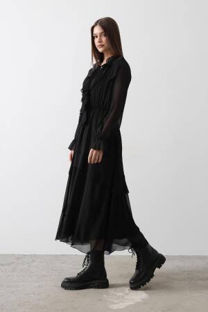Ruffle Detailed Chiffon Dress - - Black - Reyon - Globality Store - Women Clothes Wholesale Turkey