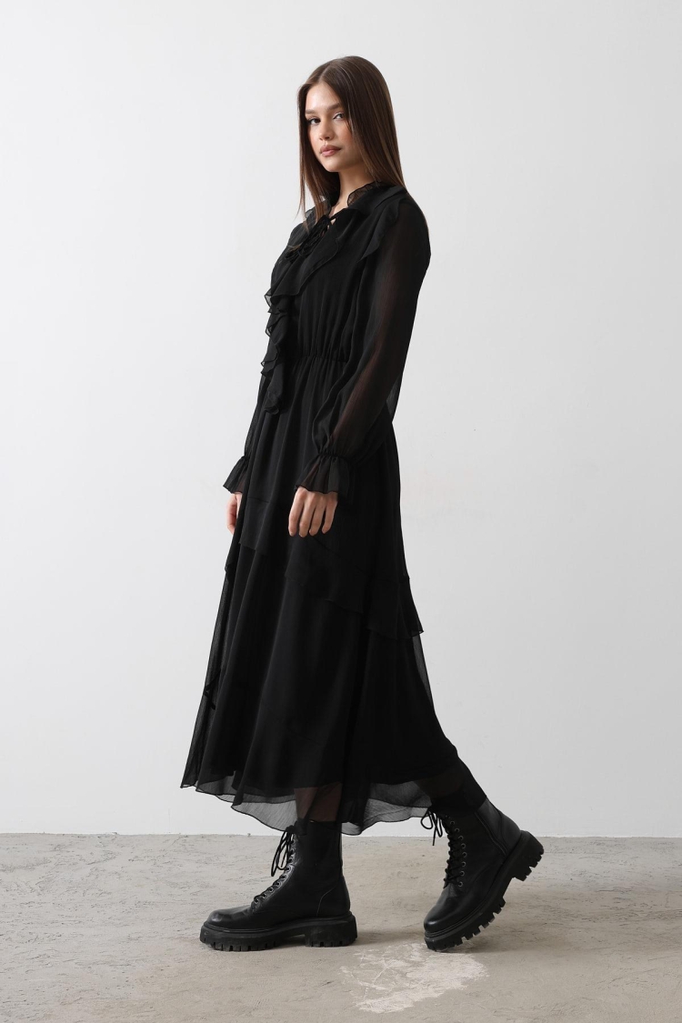 Ruffle Detailed Chiffon Dress - - Black
