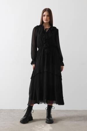 Ruffle Detailed Chiffon Dress - - Black - Reyon - Globality Store - Women Clothes Wholesale Turkey
