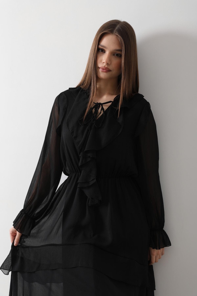 Ruffle Detailed Chiffon Dress - - Black