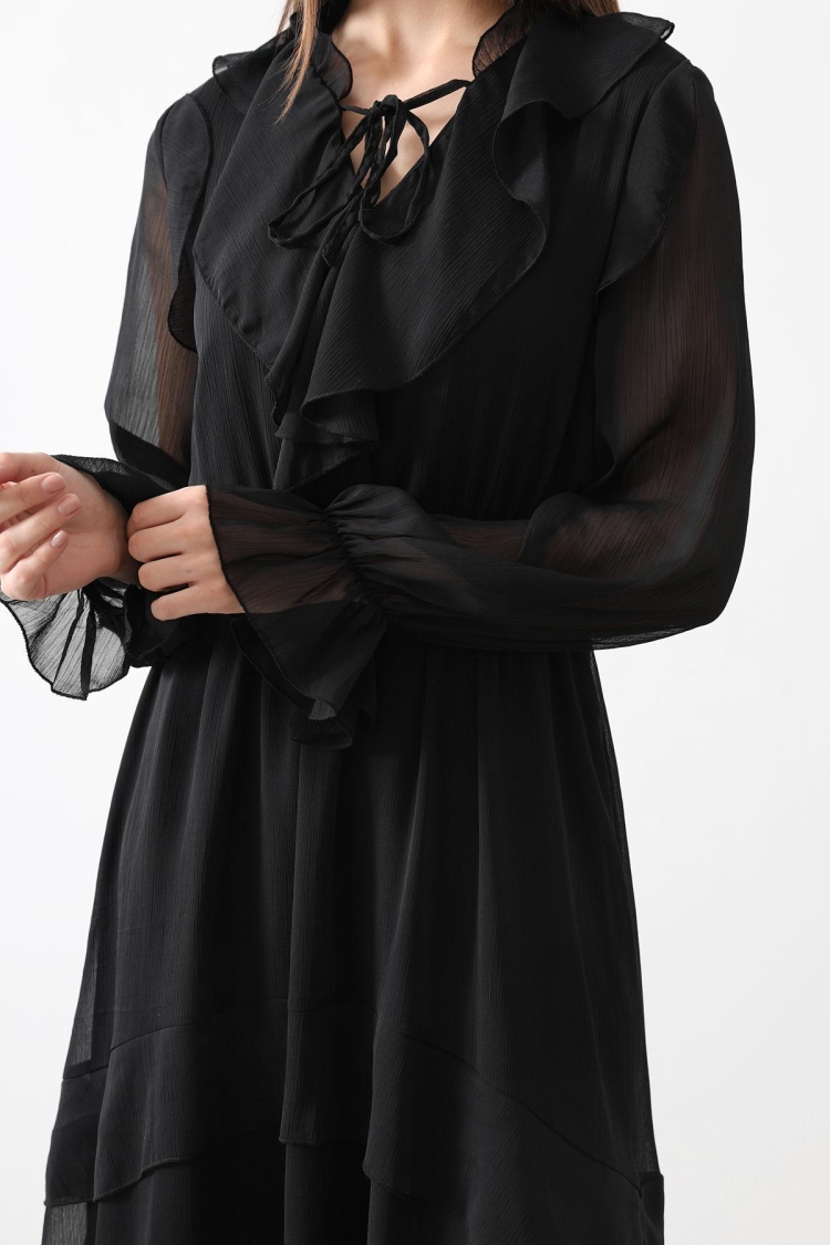 Ruffle Detailed Chiffon Dress - - Black