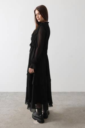 Ruffle Detailed Chiffon Dress - - Black - Reyon - Globality Store - Women Clothes Wholesale Turkey