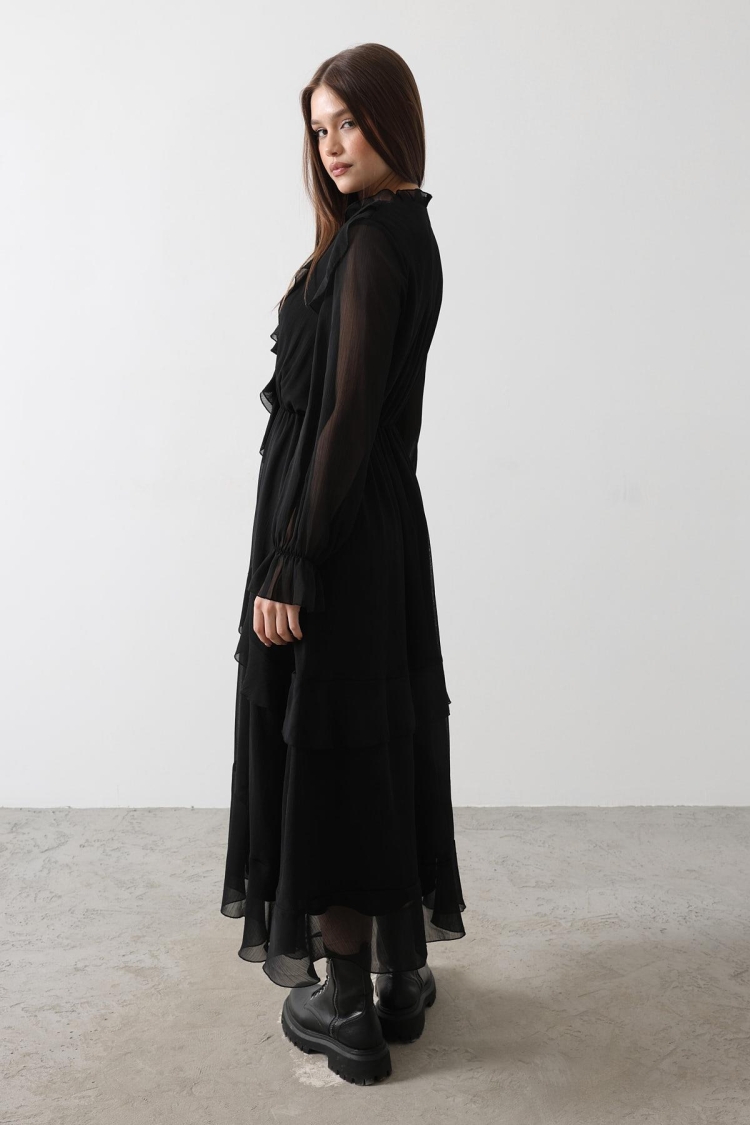 Ruffle Detailed Chiffon Dress - - Black