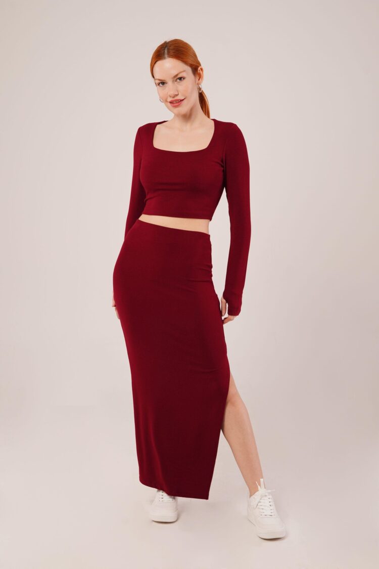 Square Collar Blouse And Slit Detailed Skirt Wholesale Double Burgundy Suit
