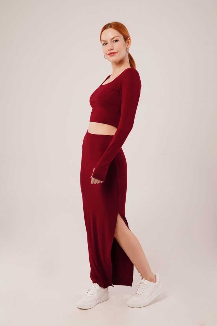 Square Collar Blouse And Slit Detailed Skirt Wholesale Double Burgundy Suit