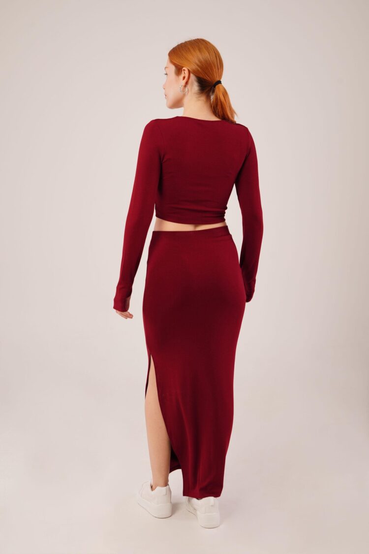 Square Collar Blouse And Slit Detailed Skirt Wholesale Double Burgundy Suit