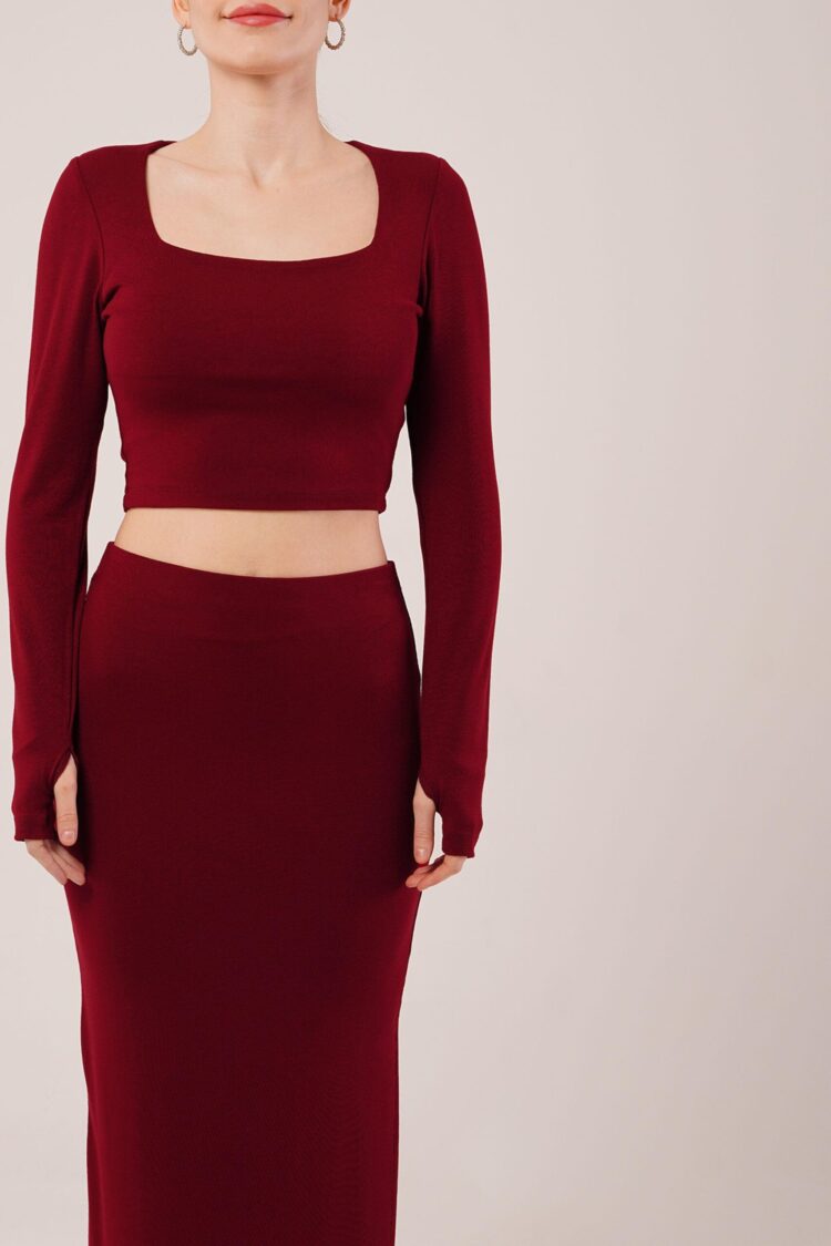 Square Collar Blouse And Slit Detailed Skirt Wholesale Double Burgundy Suit