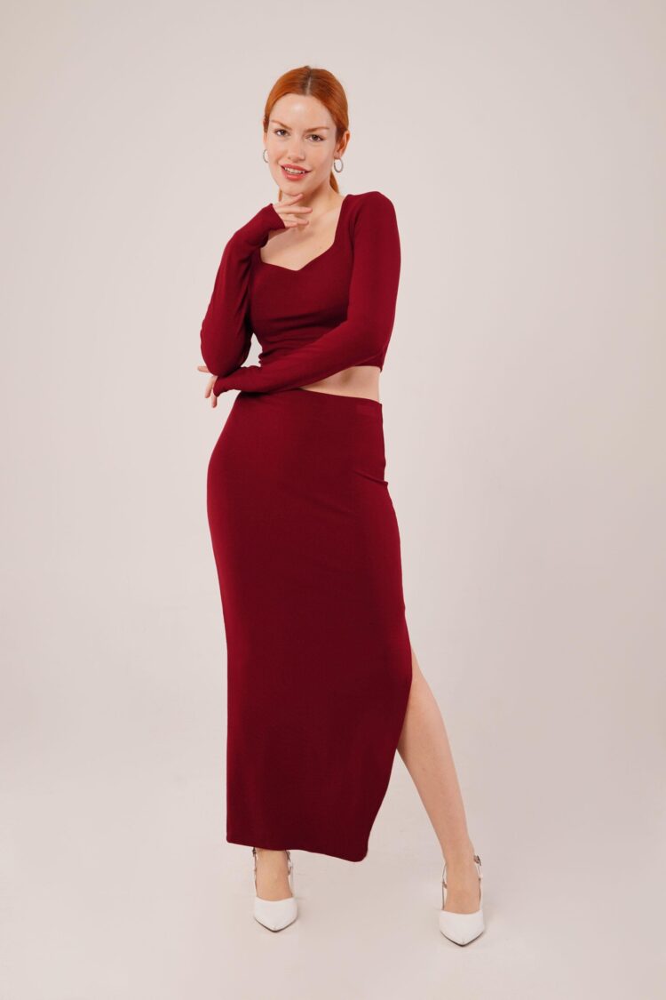 Square Collar Blouse And Slit Detailed Skirt Wholesale Double Burgundy Suit