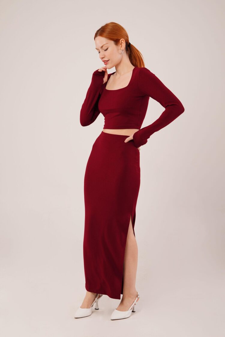 Square Collar Blouse And Slit Detailed Skirt Wholesale Double Burgundy Suit