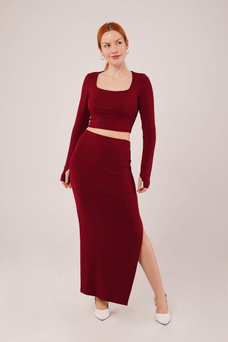 Square Collar Blouse And Slit Detailed Skirt Wholesale Double Burgundy Suit - Lustrin - Globality Store - Women Clothes Wholesale Turkey