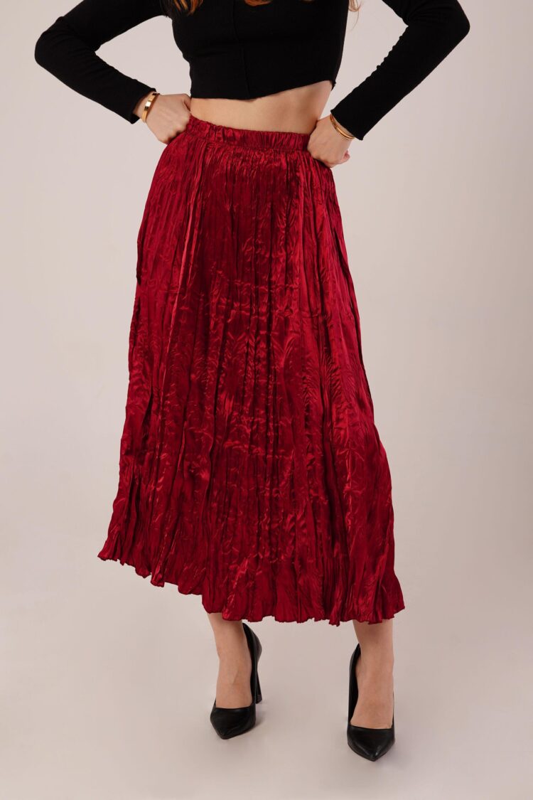 Midi Length Pleated Satin Wholesale Burgundy Skirt