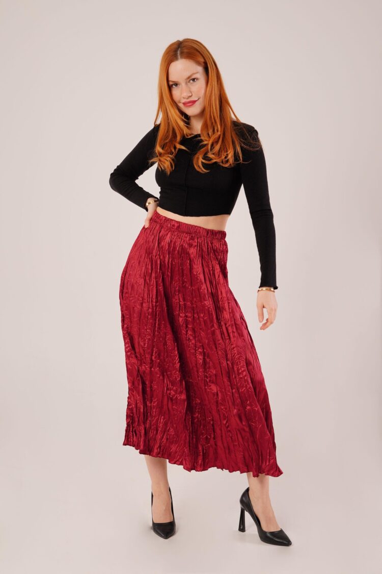 Midi Length Pleated Satin Wholesale Burgundy Skirt