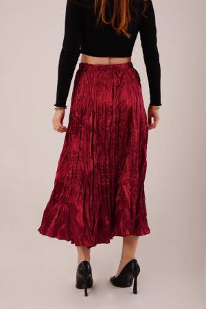 Midi Length Pleated Satin Wholesale Burgundy Skirt - Lustrin - Globality Store - Women Clothes Wholesale Turkey