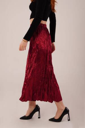 Midi Length Pleated Satin Wholesale Burgundy Skirt - Lustrin - Globality Store - Women Clothes Wholesale Turkey
