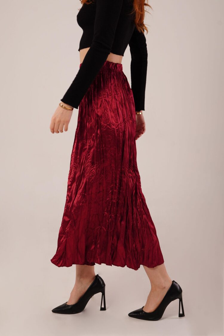 Midi Length Pleated Satin Wholesale Burgundy Skirt