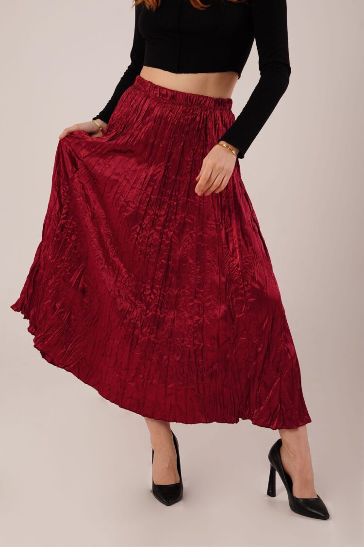 Midi Length Pleated Satin Wholesale Burgundy Skirt