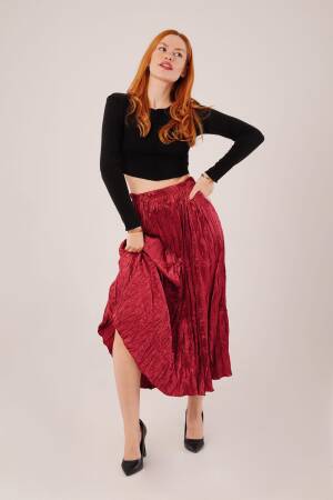 Midi Length Pleated Satin Wholesale Burgundy Skirt - Lustrin - Globality Store - Women Clothes Wholesale Turkey