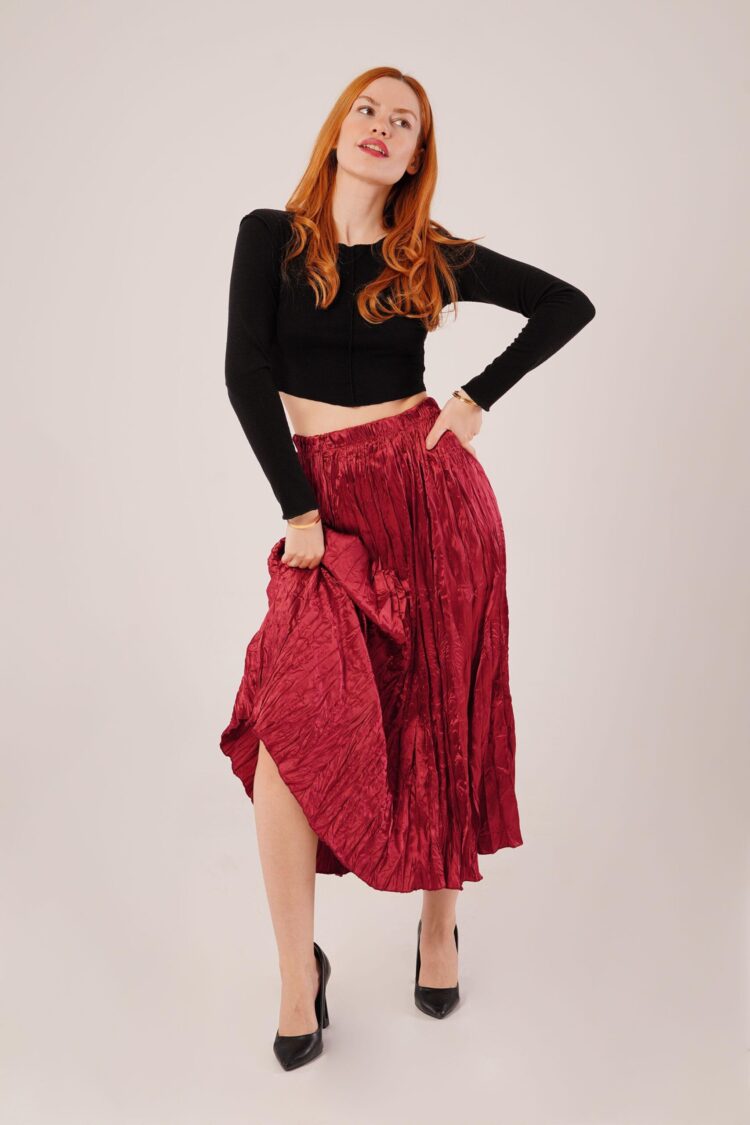 Midi Length Pleated Satin Wholesale Burgundy Skirt - Lustrin - Globality Store - Women Clothes Wholesale Turkey